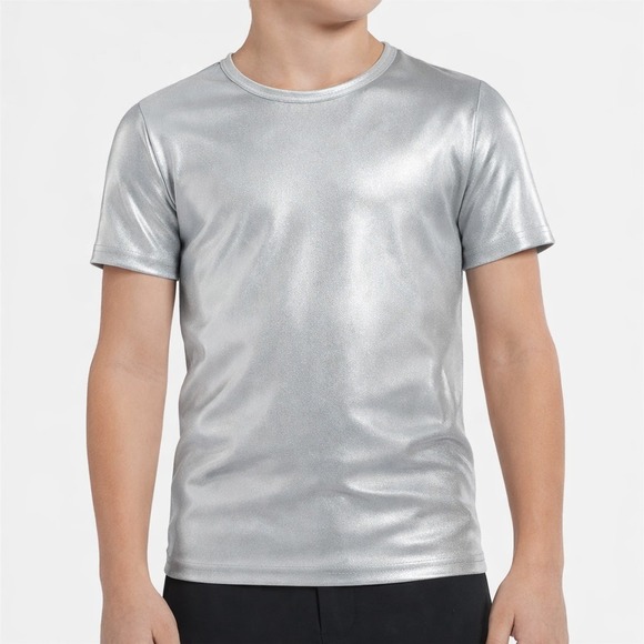 Weissman Other - Weissman Boys Metallic Dance Top MC Silver Shiny Stretch Short Sleeve Shirt